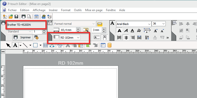 Sélection de l'imprimante et du format RD 102mm dans P-touch Editor