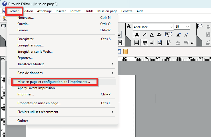 Menu Fichier > Mise en page et configuration de l'imprimante