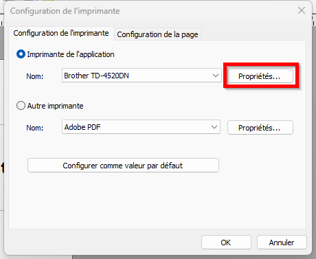 Bouton Propriétés de la configuration de l'imprimante