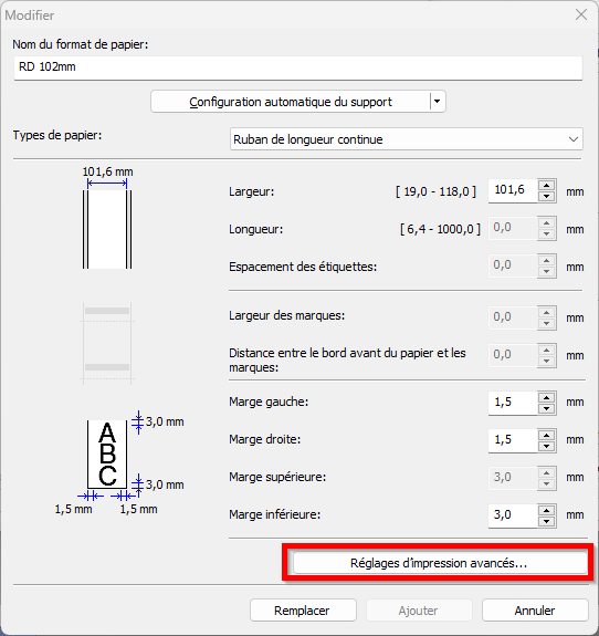Bouton Réglages d'impression avancés