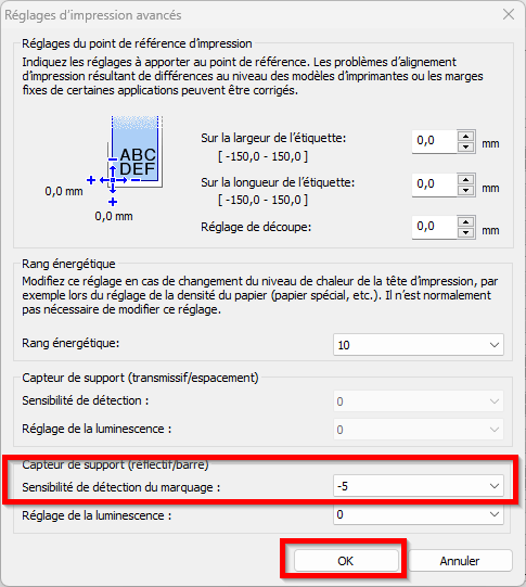 Réglage du capteur de réflexion sur -5